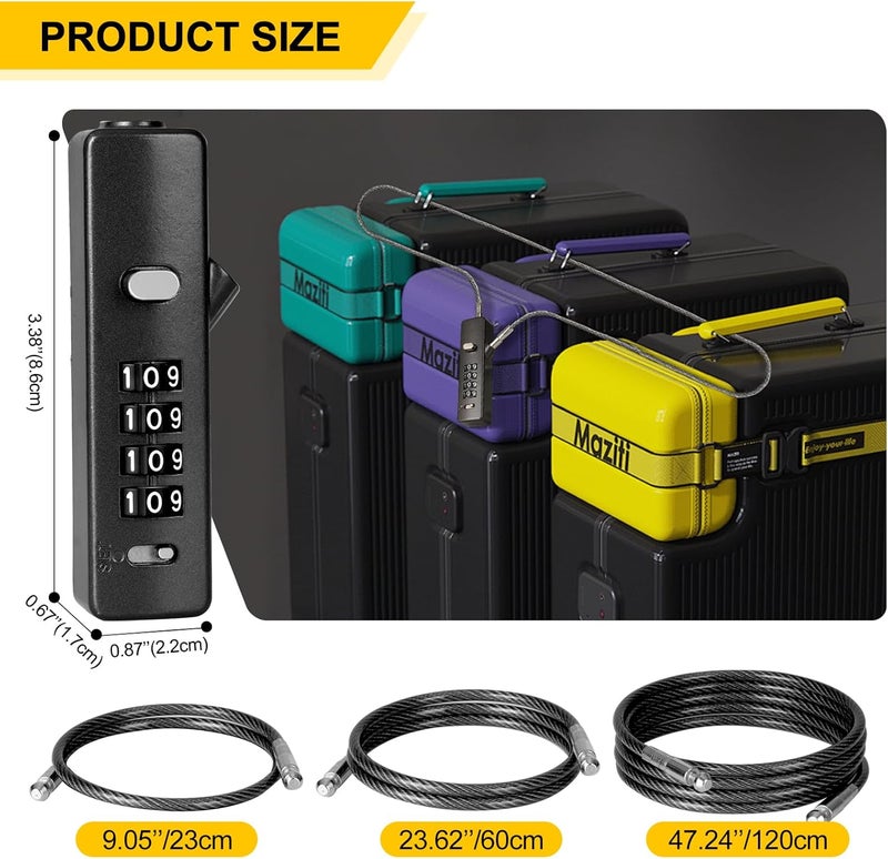 DELSWIN Cable Locks with Combination, 4-Digit Gate Lock with 3 Steel Ropes (9'' /23.6'' /47.2''), Security Cable Lock for Luggage,Helmet,Gym Locker,Cabinet,Gate,Scooter,Bike(Black) - Image 3